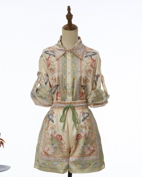 Temperament drawstring shirt loose lapel shorts a set