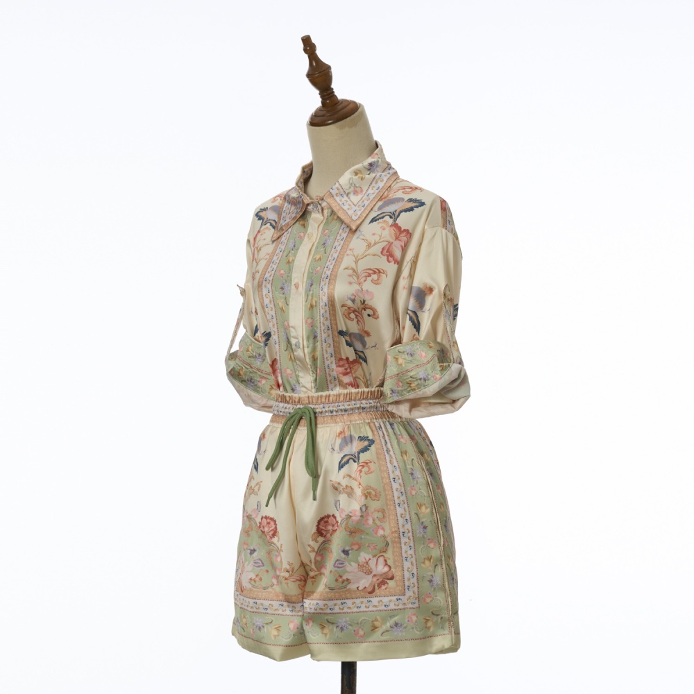 Temperament drawstring shirt loose lapel shorts a set
