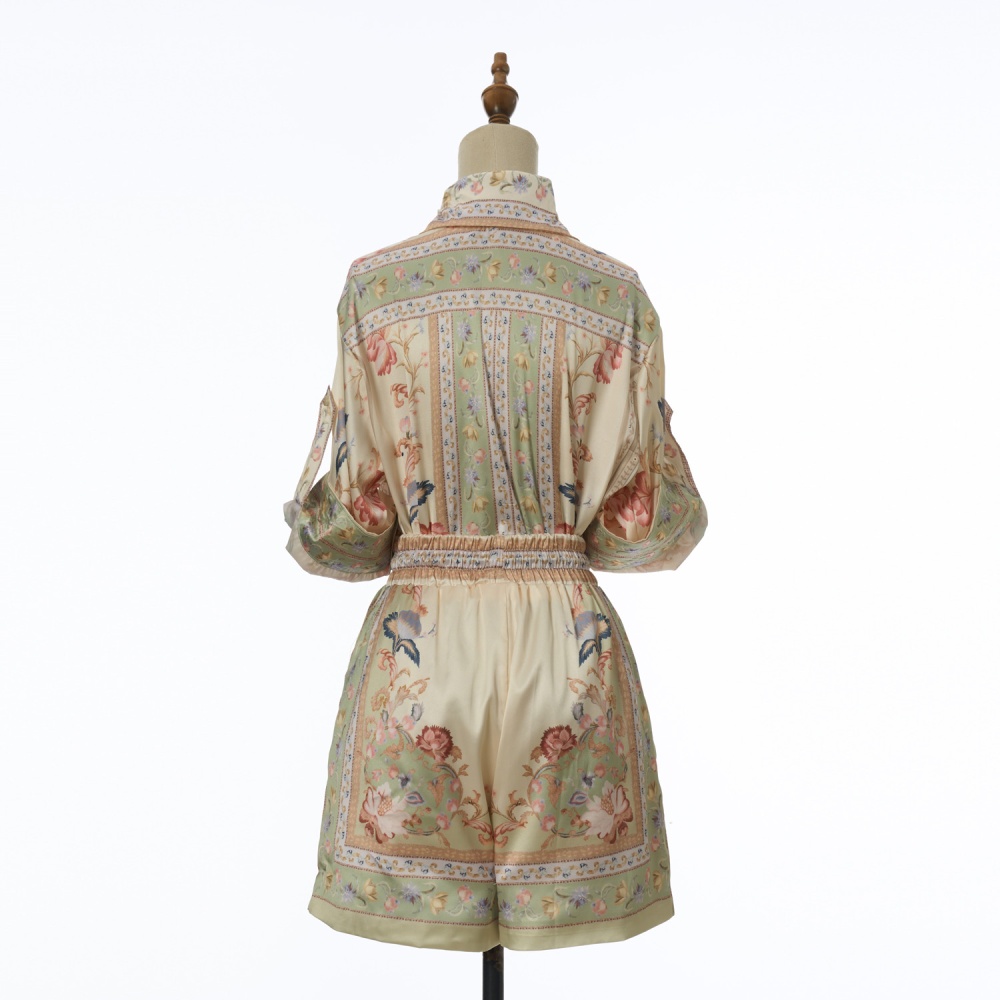 Temperament drawstring shirt loose lapel shorts a set