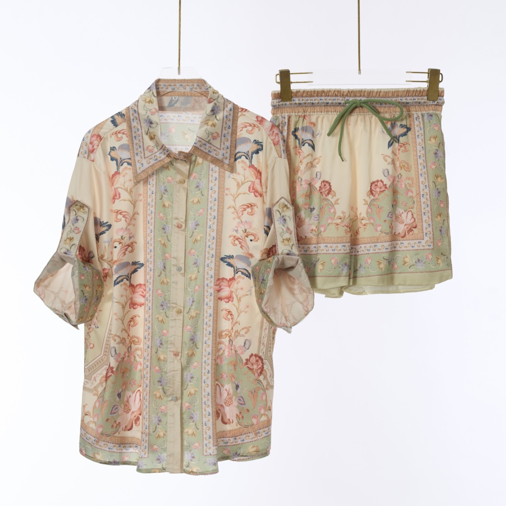 Temperament drawstring shirt loose lapel shorts a set
