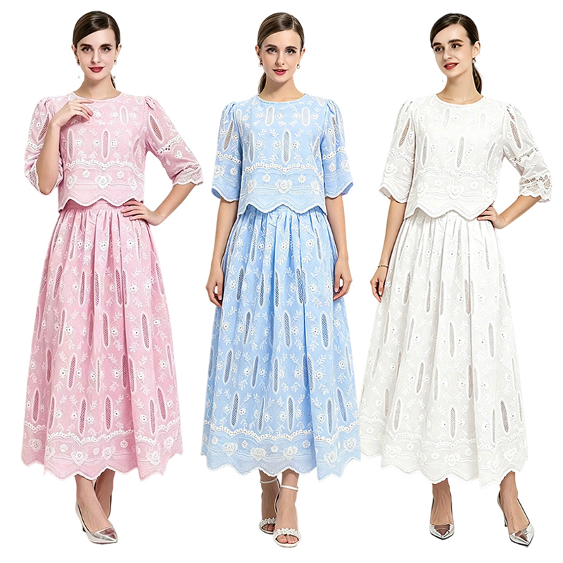 Embroidery round neck tops hollow high waist skirt