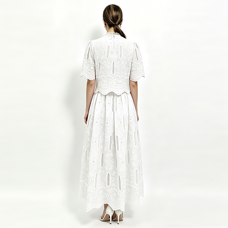 Embroidery round neck tops hollow high waist skirt