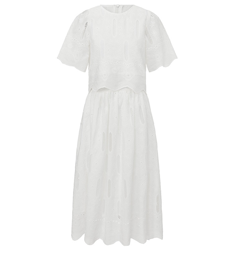 Embroidery round neck tops hollow high waist skirt