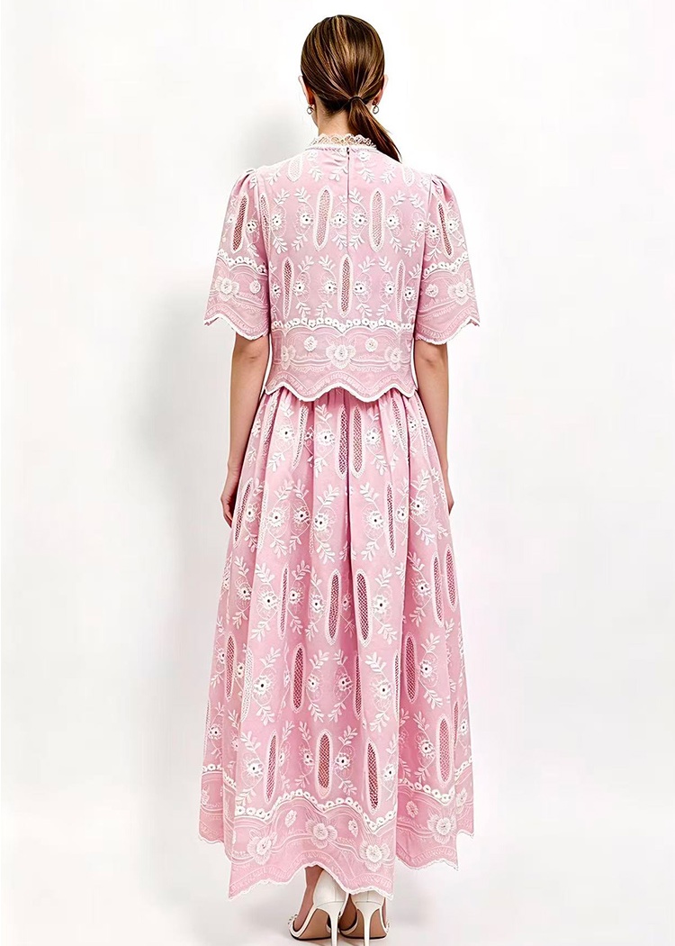 Embroidery round neck tops hollow high waist skirt