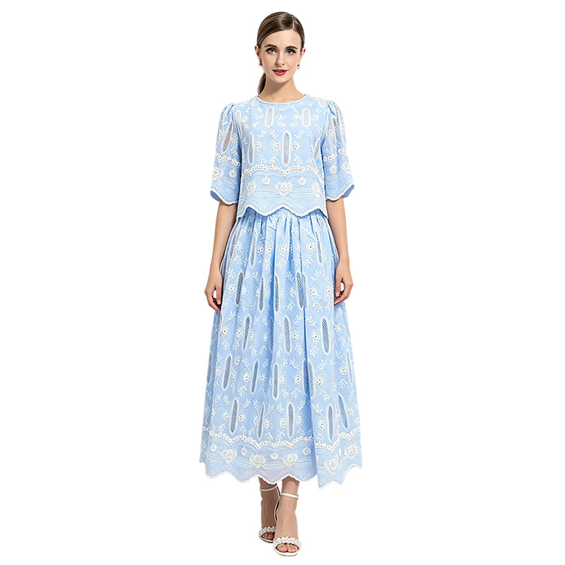 Embroidery round neck tops hollow high waist skirt