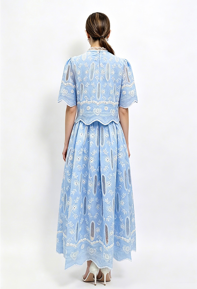 Embroidery round neck tops hollow high waist skirt