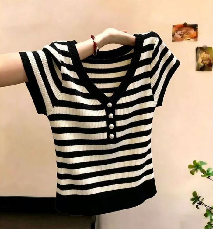 Summer V-neck stripe sweater short sleeve slim knitted tops