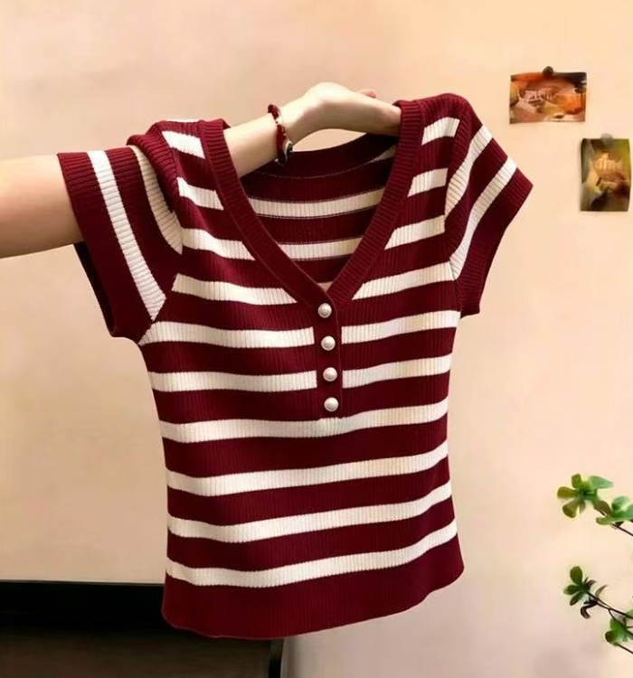 Summer V-neck stripe sweater short sleeve slim knitted tops
