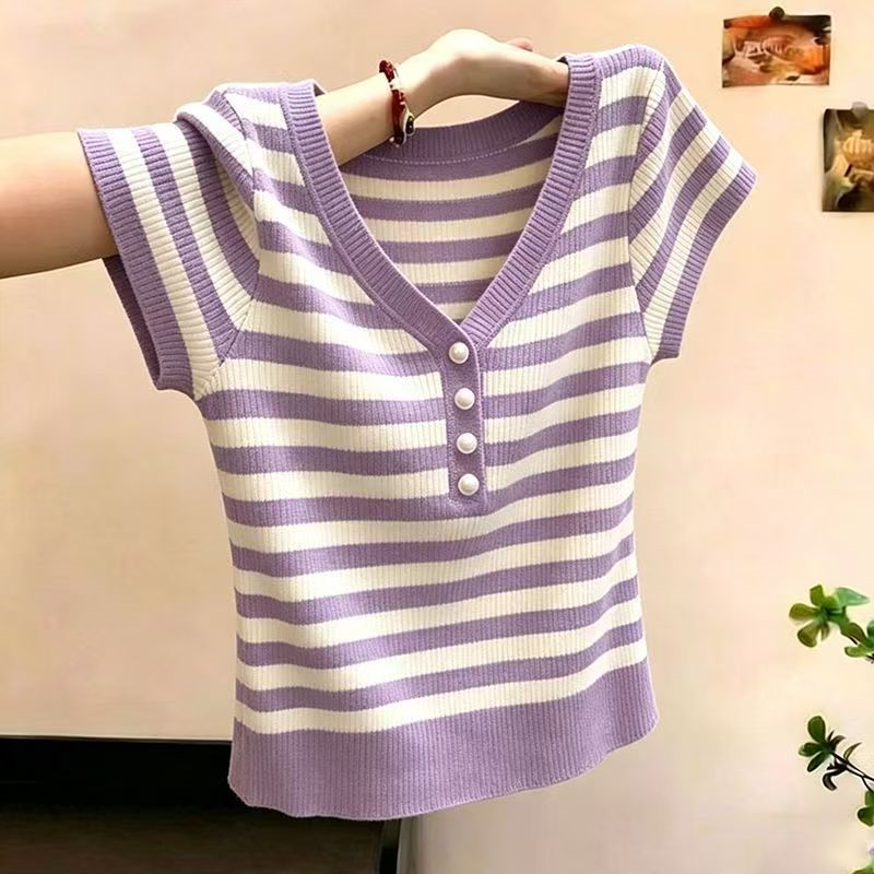 Summer V-neck stripe sweater short sleeve slim knitted tops
