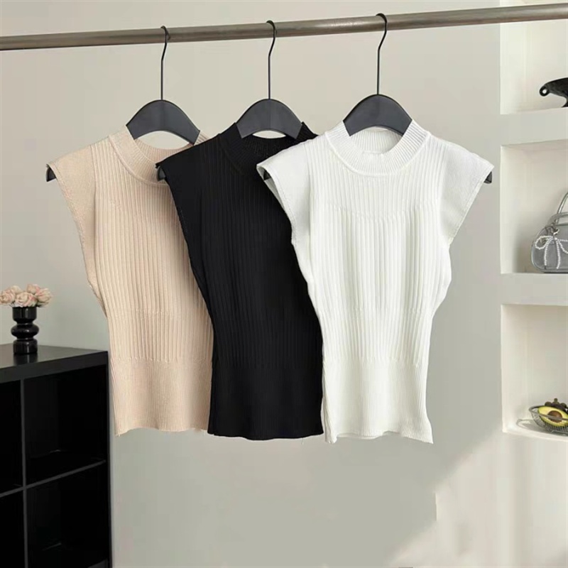 Thin sleeveless tops half high collar temperament T-shirt
