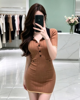 Lapel package hip mixed colors knitted dress