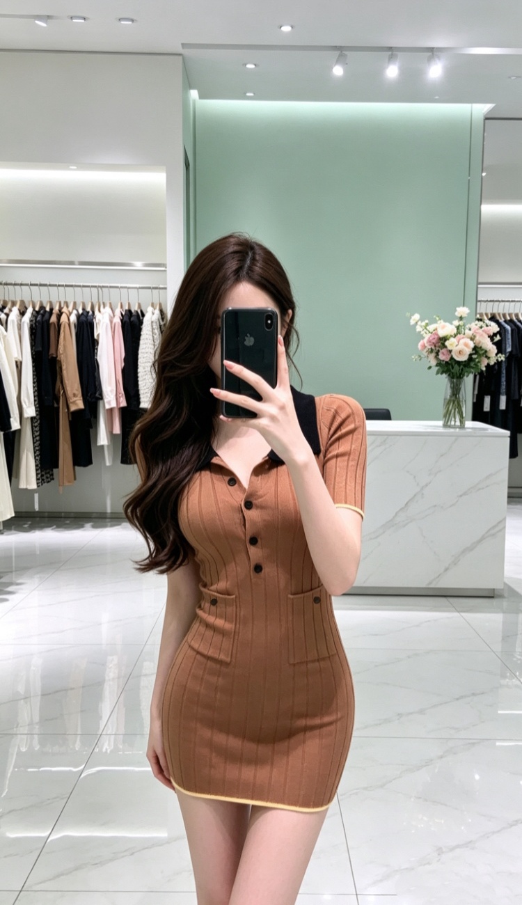Lapel package hip mixed colors knitted dress