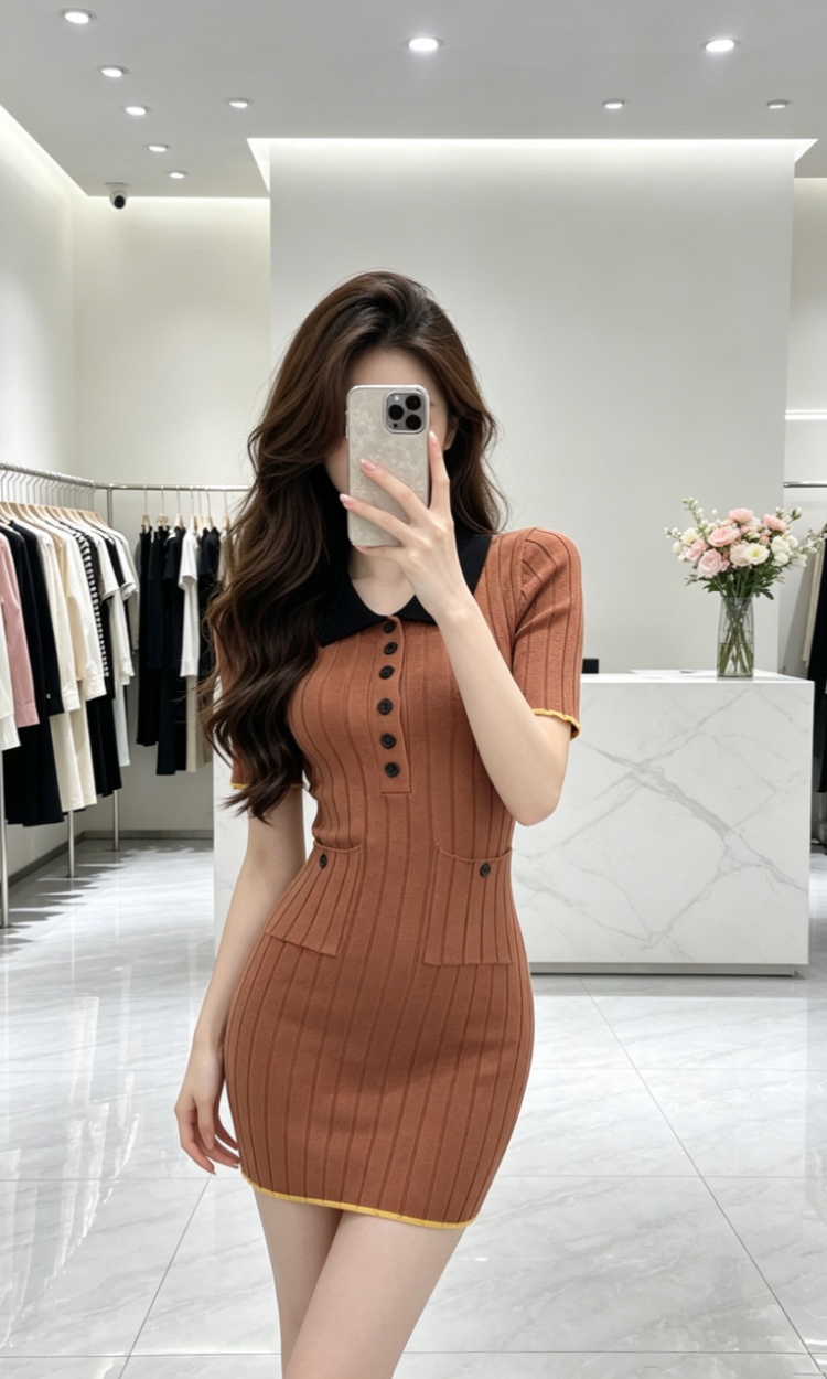 Lapel package hip mixed colors knitted dress