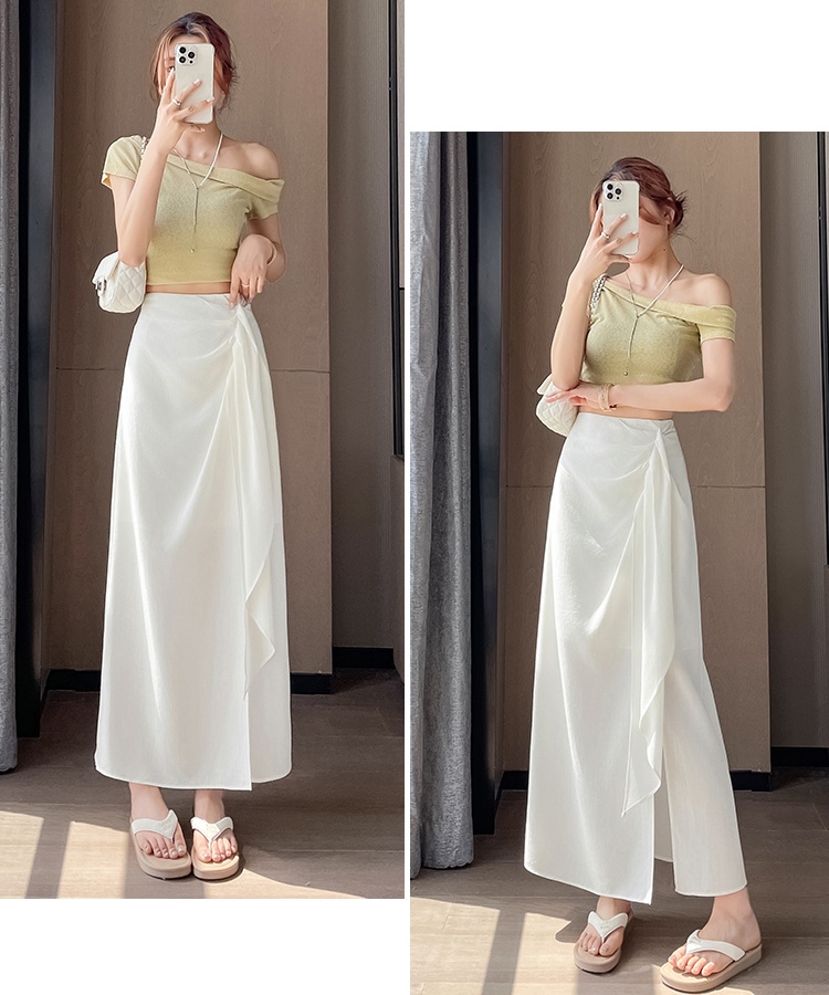 Split cotton linen temperament niche streamer skirt