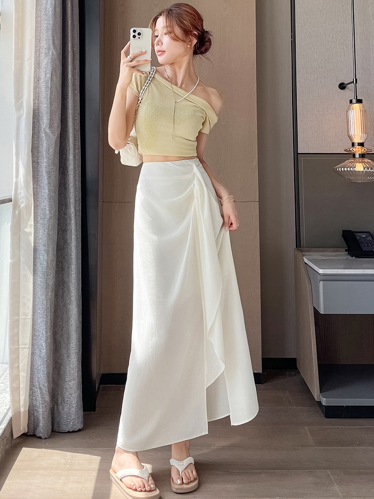 Split cotton linen temperament niche streamer skirt