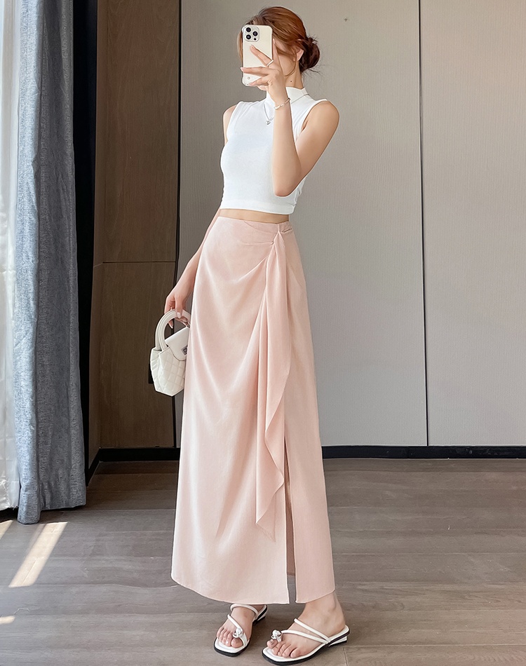Split cotton linen temperament niche streamer skirt