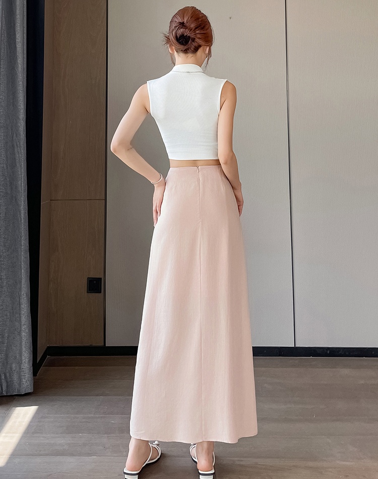 Split cotton linen temperament niche streamer skirt
