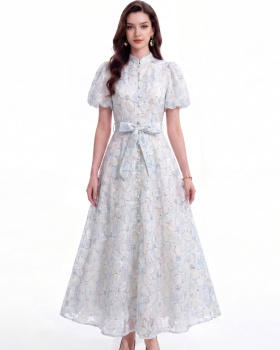 Short sleeve lace A-line slim cstand collar dress