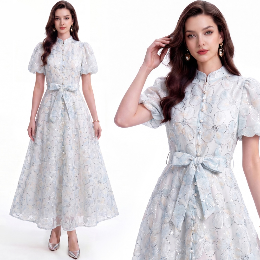 Short sleeve lace A-line slim cstand collar dress