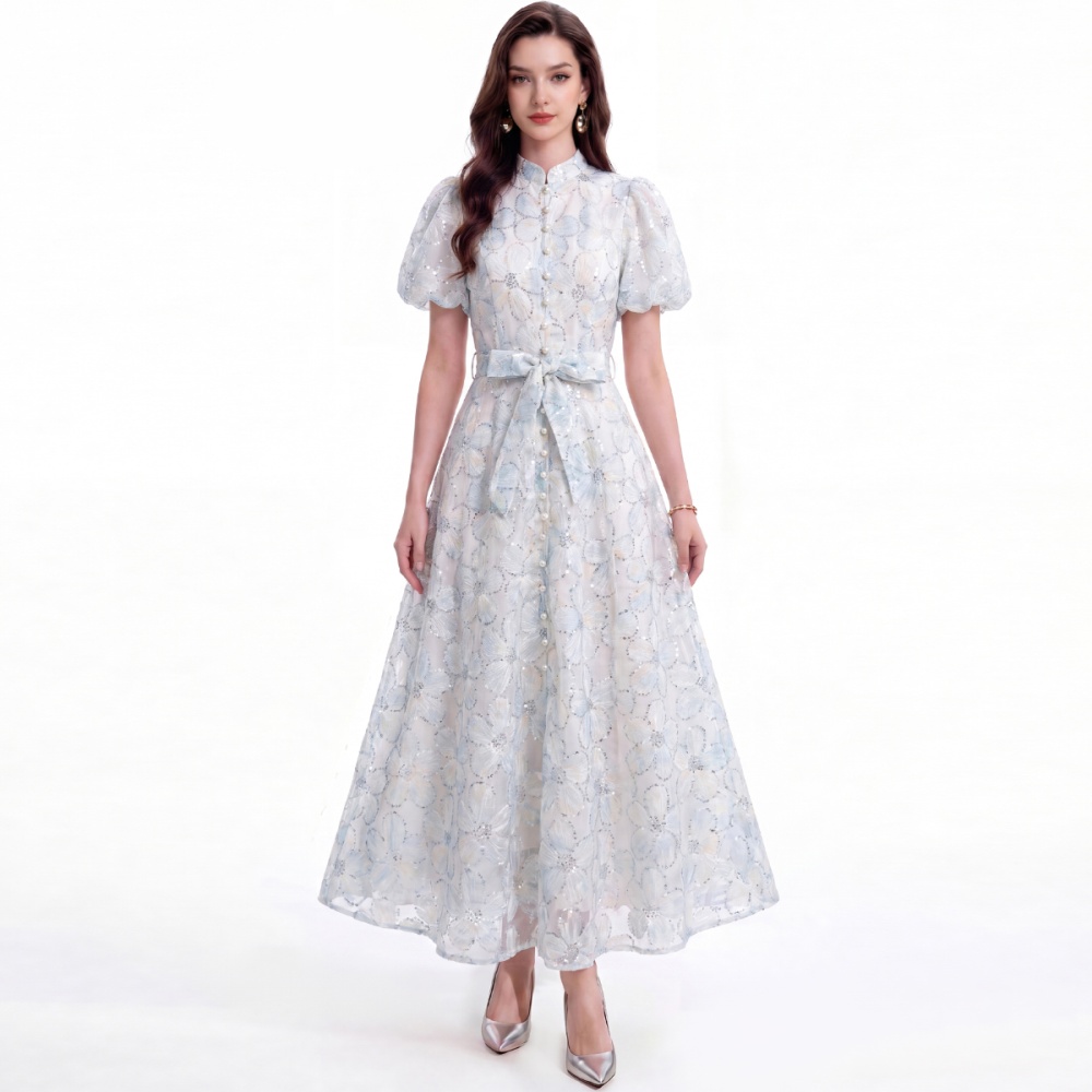 Short sleeve lace A-line slim cstand collar dress