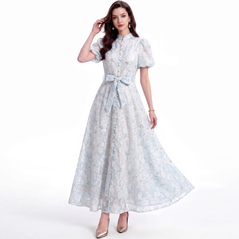 Short sleeve lace A-line slim cstand collar dress