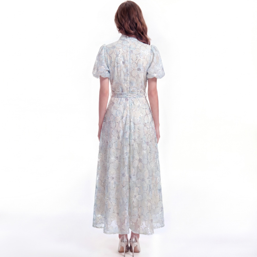 Short sleeve lace A-line slim cstand collar dress