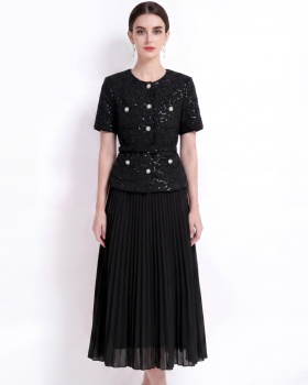 Pinched waist round neck chanelstyle pleated dress for women