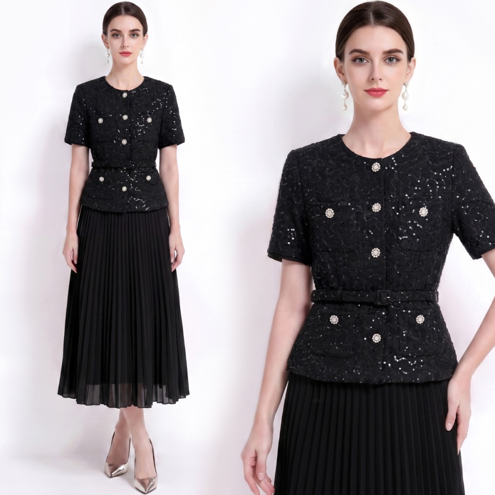 Pinched waist round neck chanelstyle pleated dress for women