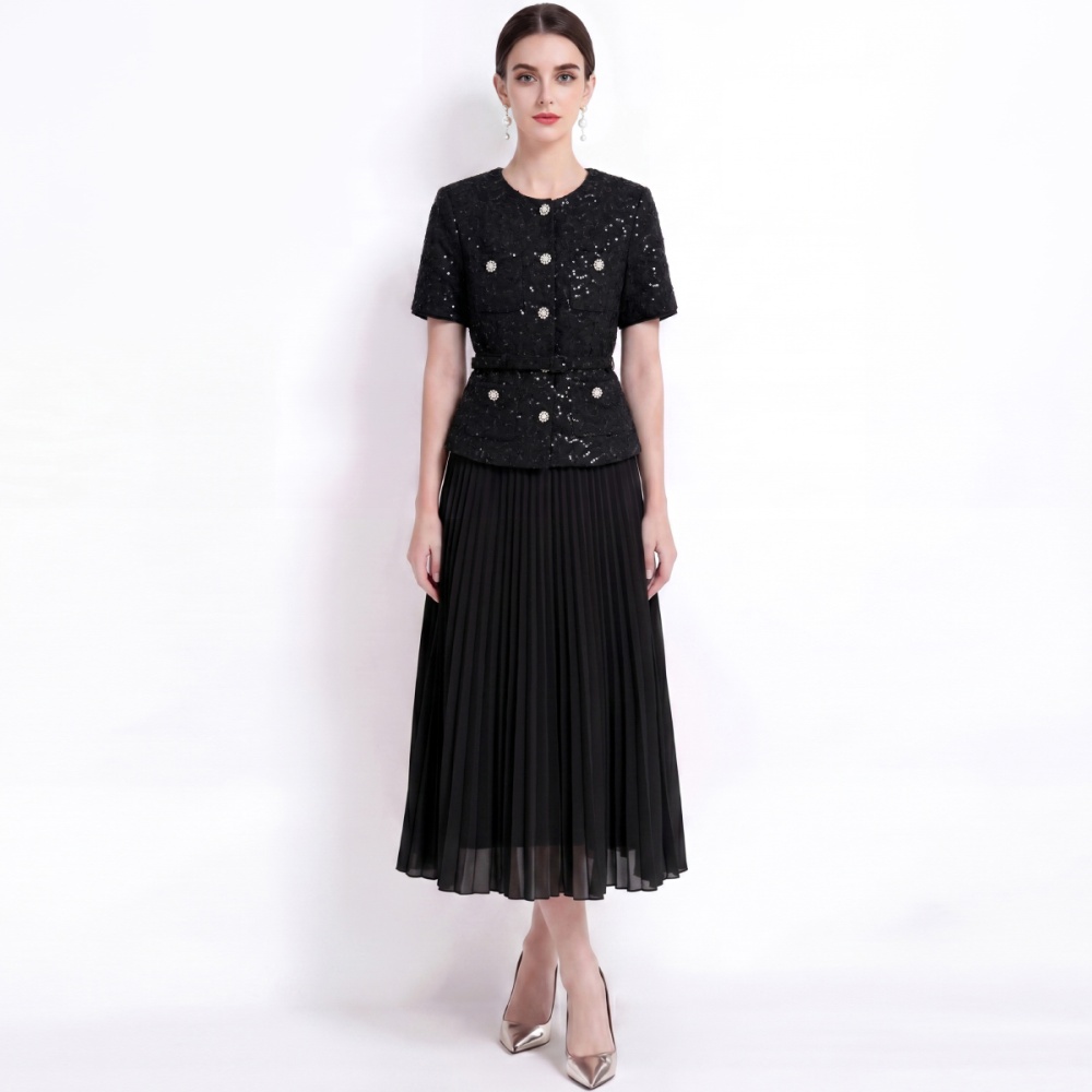 Pinched waist round neck chanelstyle pleated dress for women