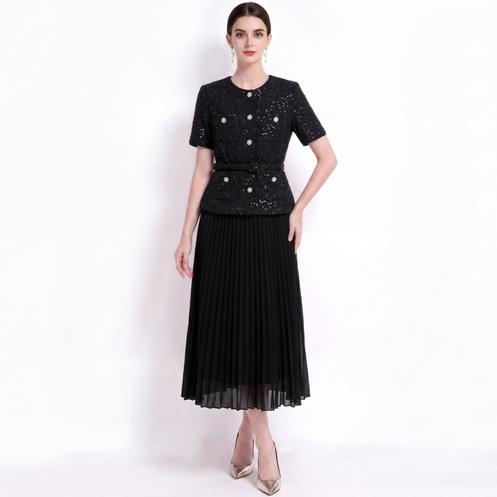 Pinched waist round neck chanelstyle pleated dress for women