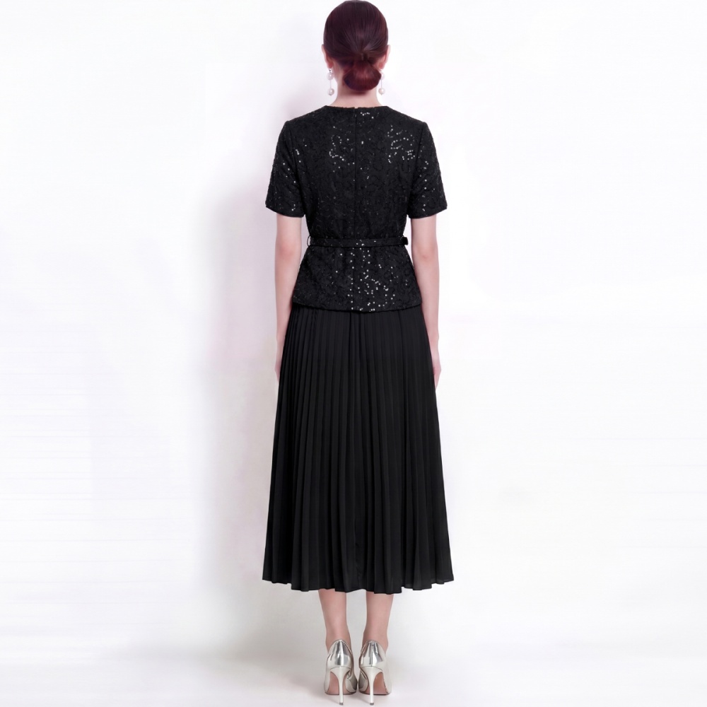 Pinched waist round neck chanelstyle pleated dress for women