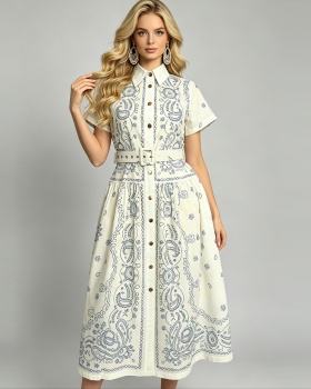 Slim summer long short sleeve simple shirt collar dress