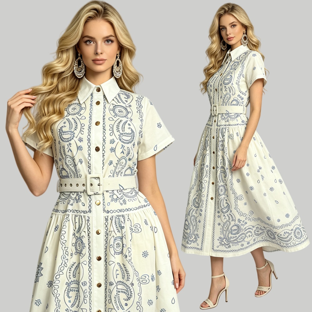 Slim summer long short sleeve simple shirt collar dress