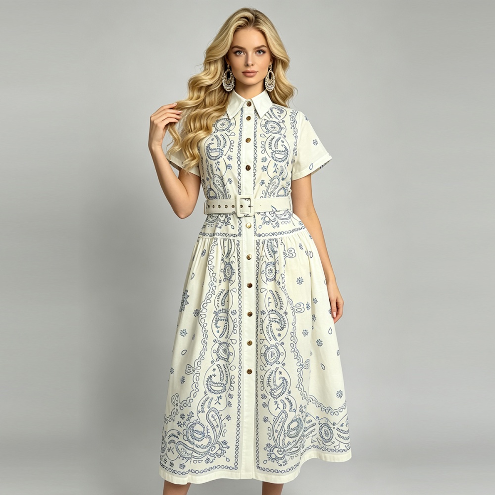 Slim summer long short sleeve simple shirt collar dress