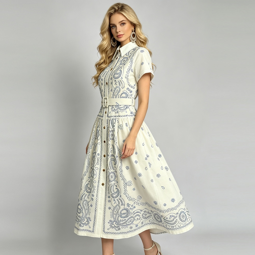 Slim summer long short sleeve simple shirt collar dress