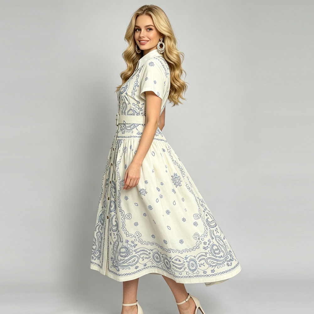 Slim summer long short sleeve simple shirt collar dress