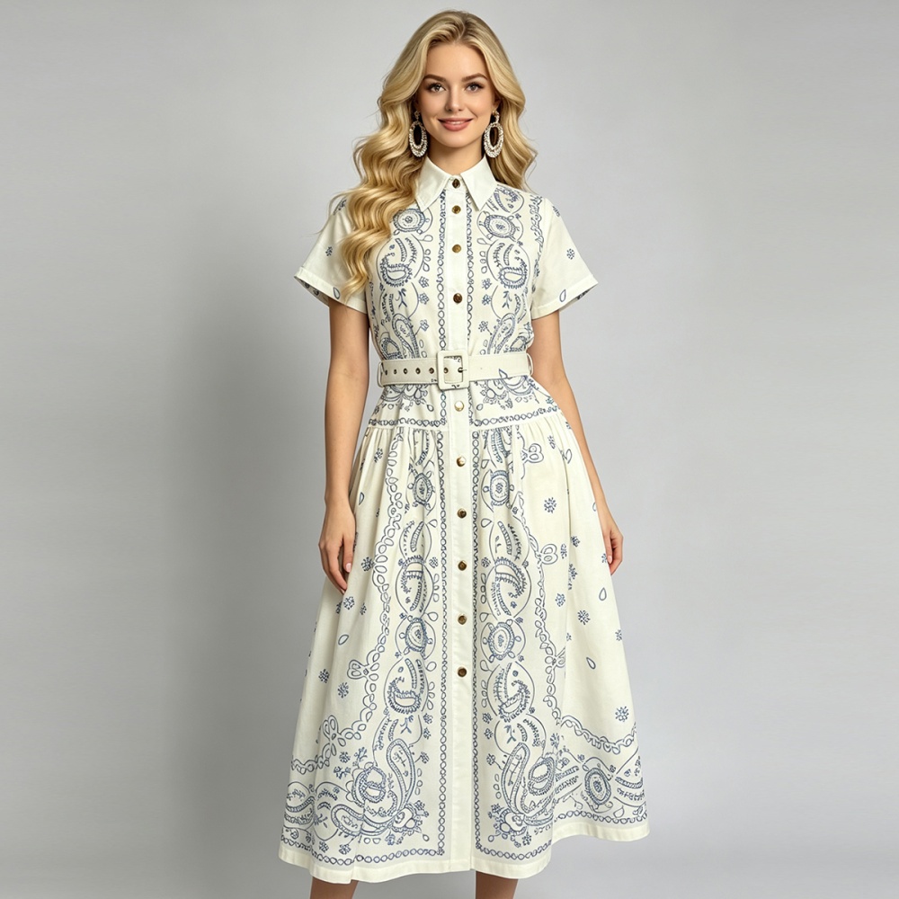 Slim summer long short sleeve simple shirt collar dress