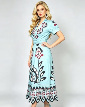 High waist slim A-line short sleeve waves V-neck dress