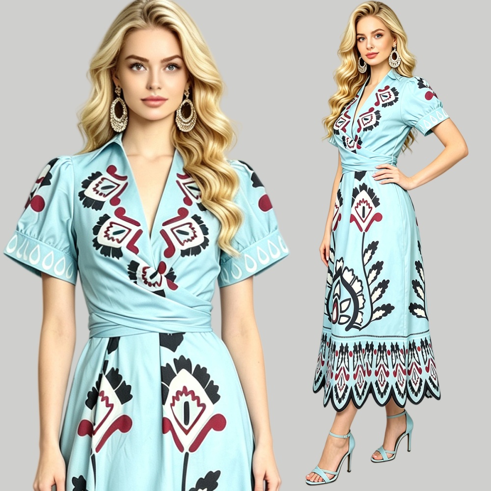 High waist slim A-line short sleeve waves V-neck dress