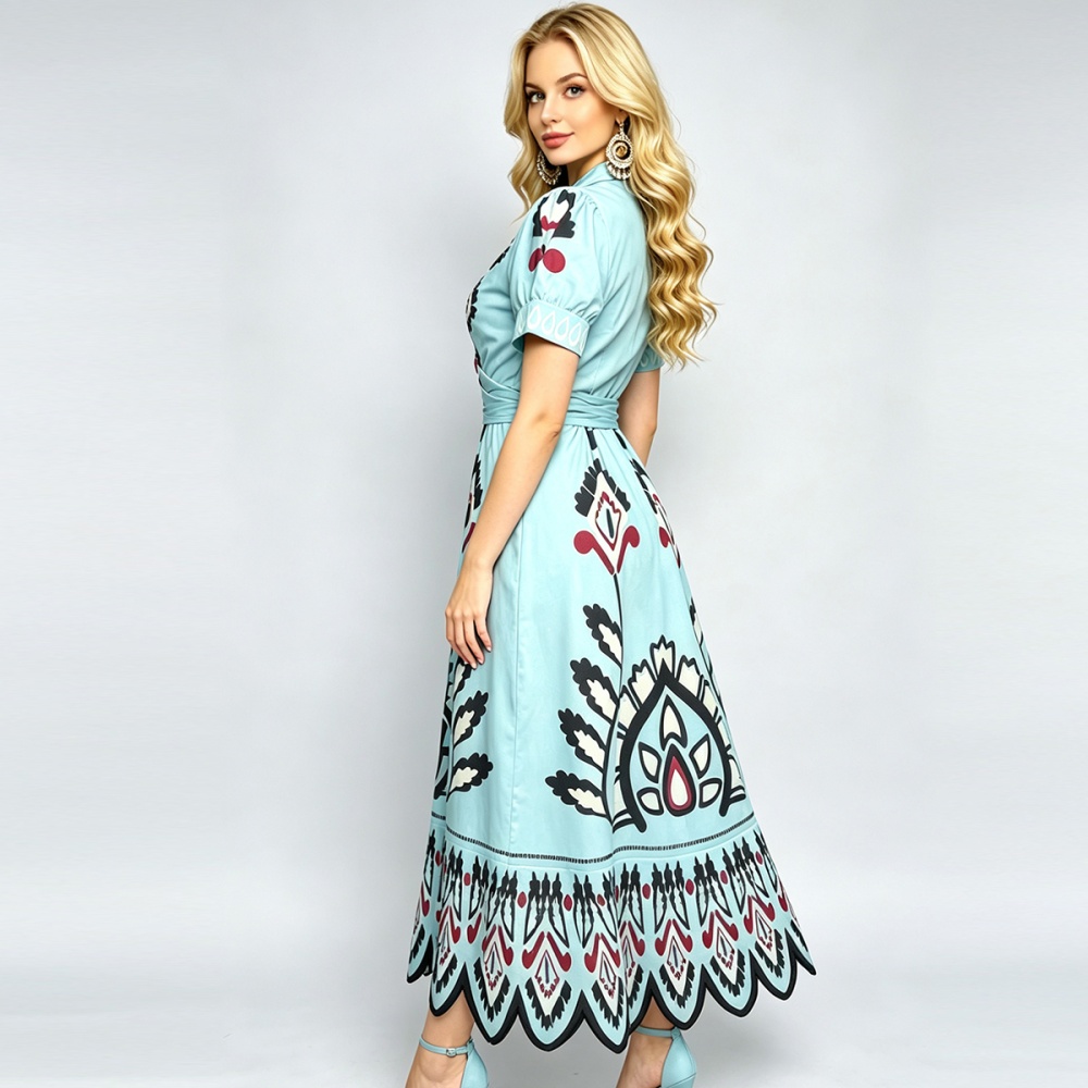High waist slim A-line short sleeve waves V-neck dress