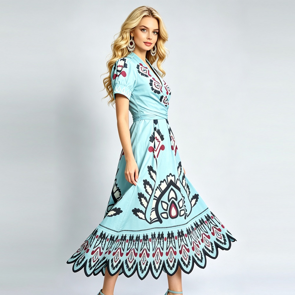 High waist slim A-line short sleeve waves V-neck dress