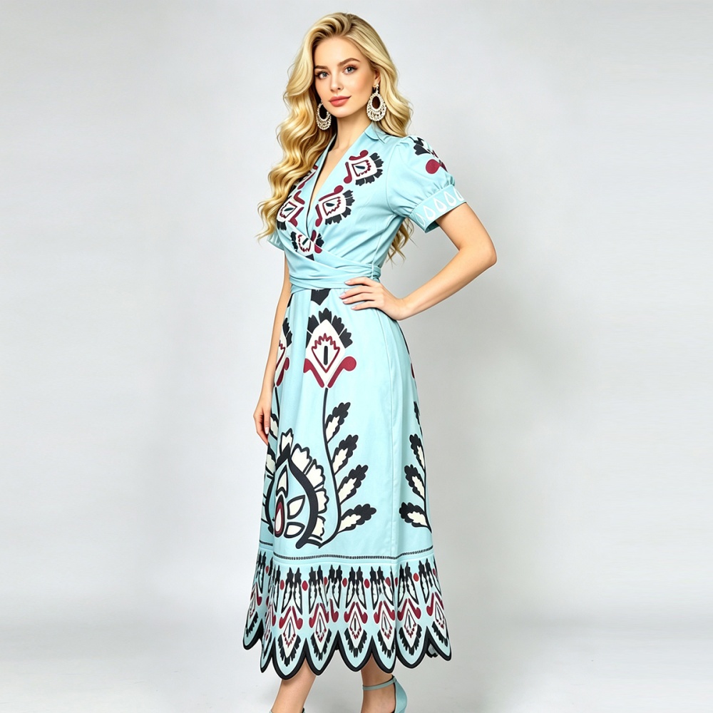 High waist slim A-line short sleeve waves V-neck dress