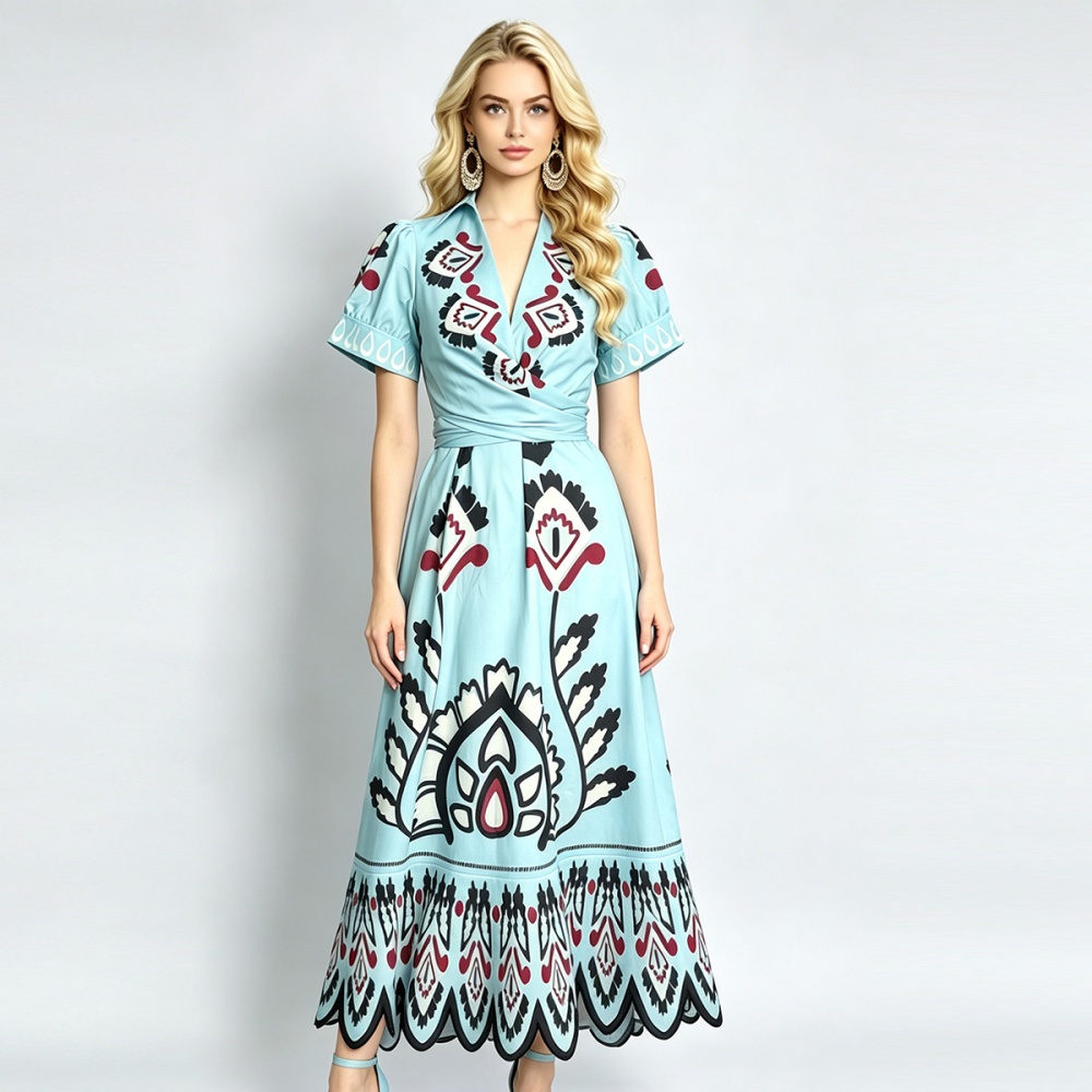High waist slim A-line short sleeve waves V-neck dress
