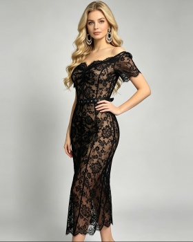 Short sleeve lace dress sexy splice evening dress