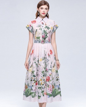 Slim Casual lapel shirt printing elegant long dress for women