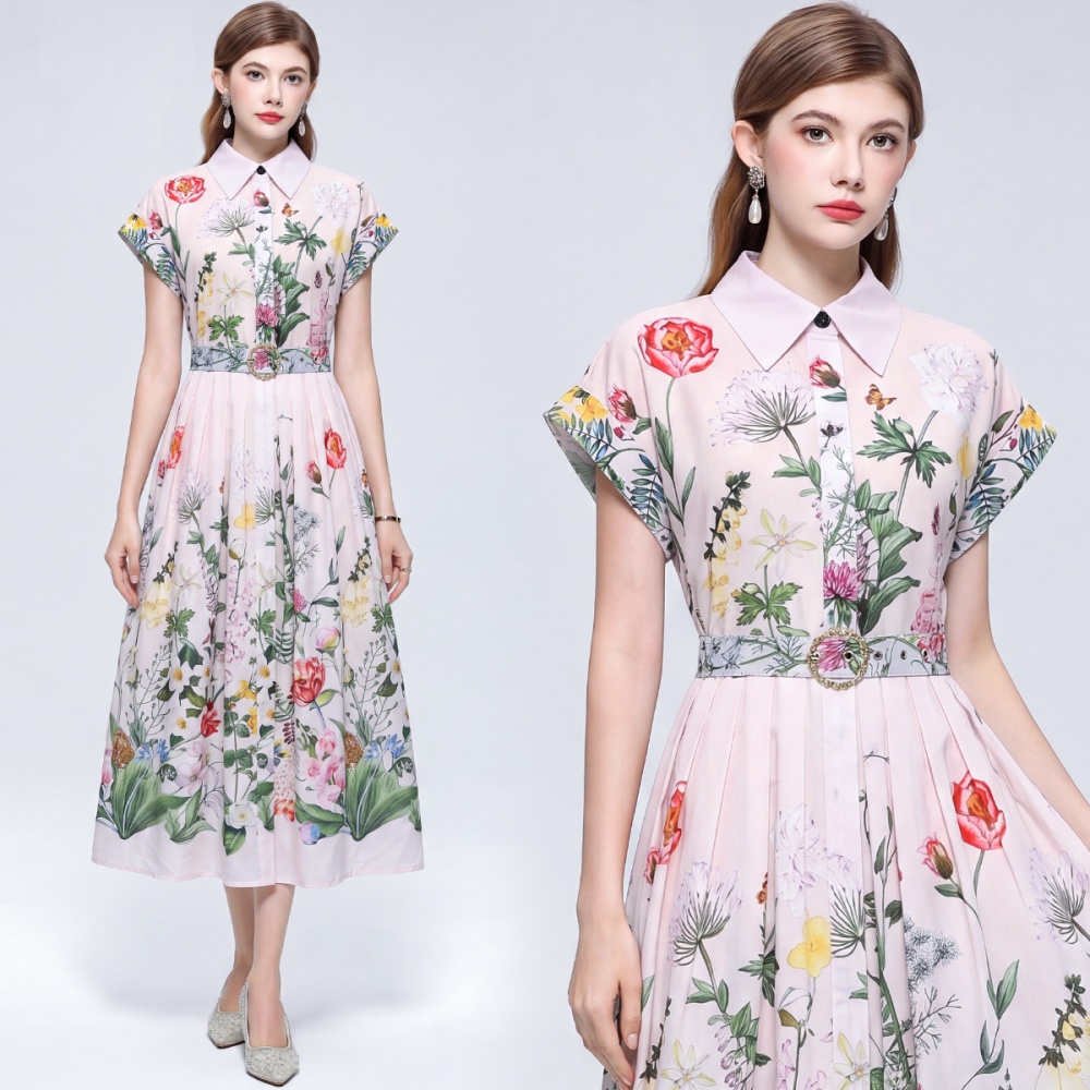 Slim Casual lapel shirt printing elegant long dress for women