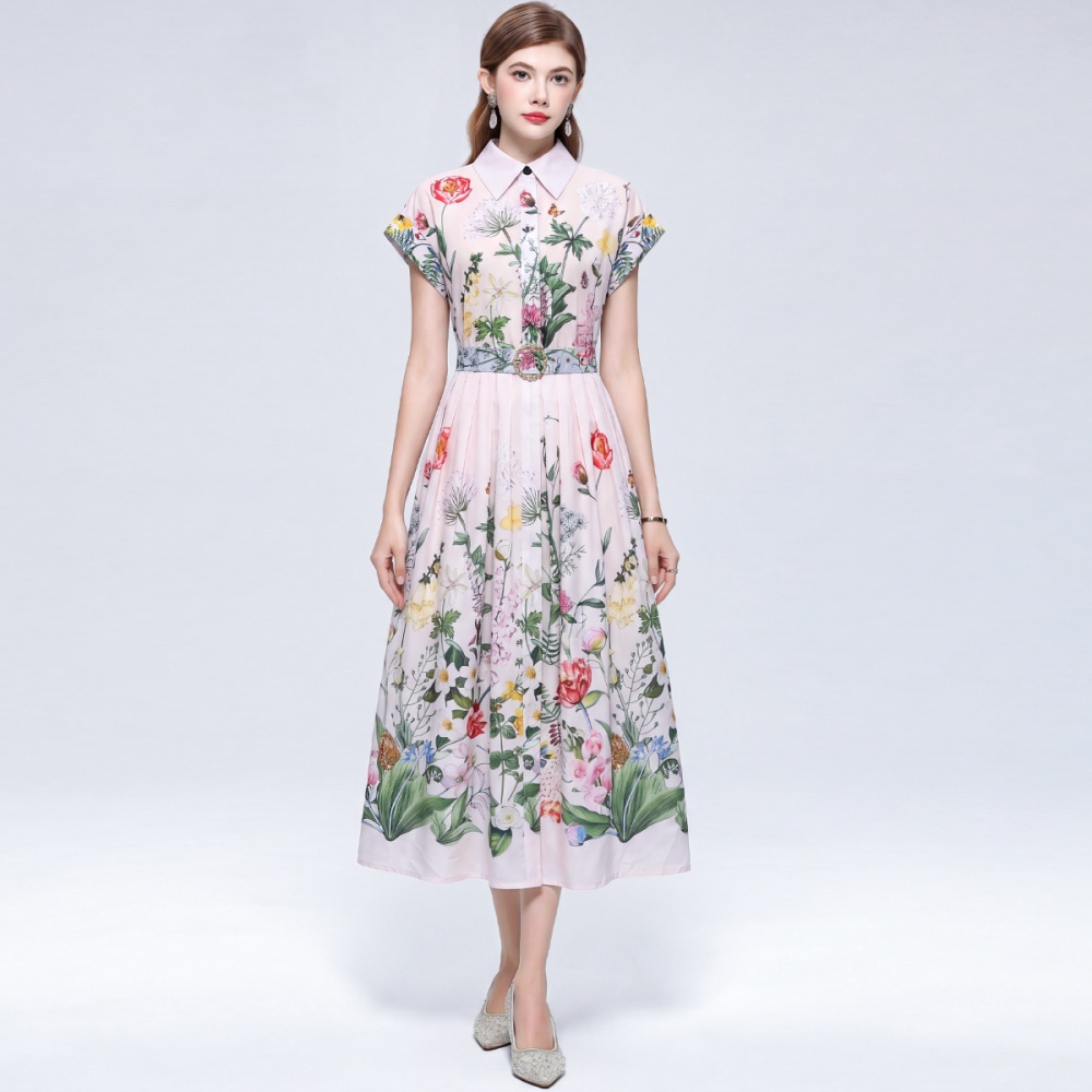 Slim Casual lapel shirt printing elegant long dress for women