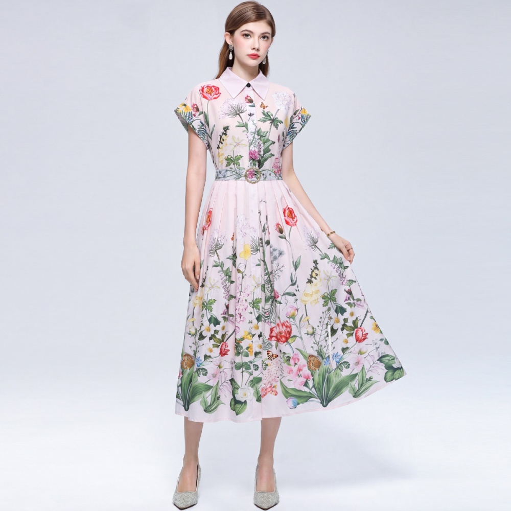 Slim Casual lapel shirt printing elegant long dress for women