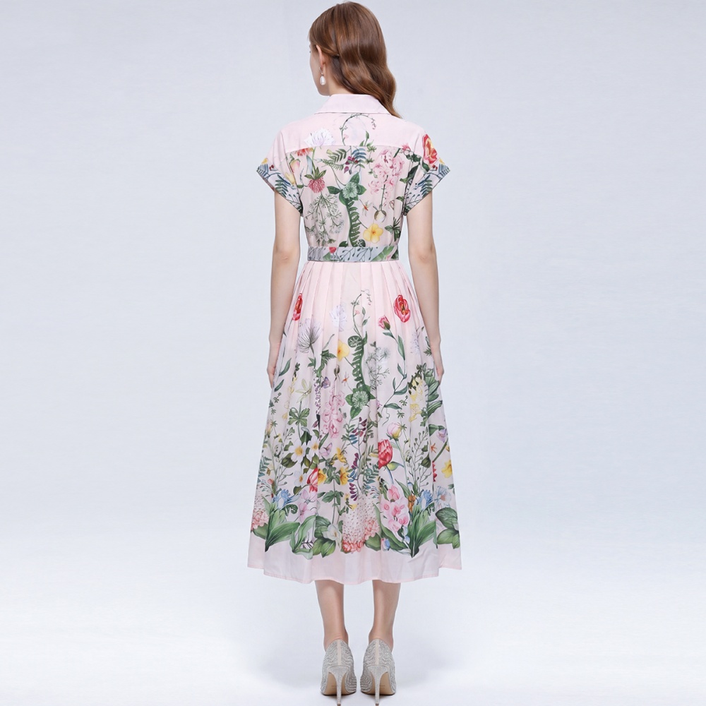 Slim Casual lapel shirt printing elegant long dress for women