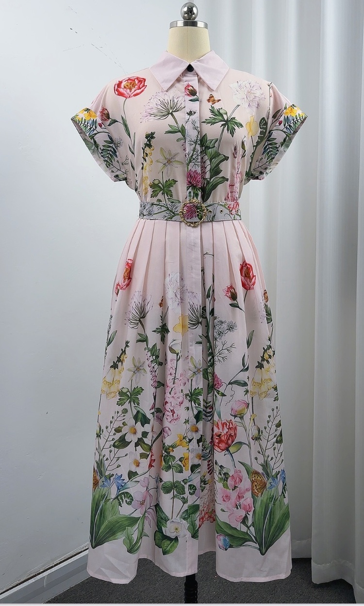 Slim Casual lapel shirt printing elegant long dress for women